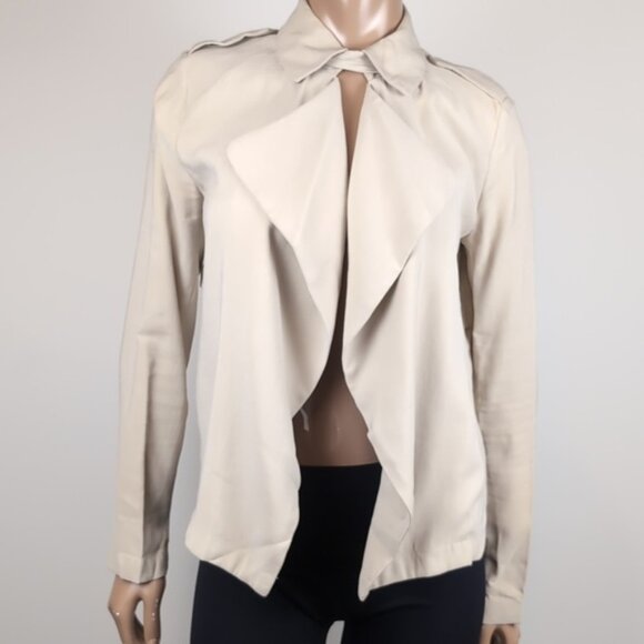 Zara Basic Waterfall Blazer Jacket Moto Draped Khaki Neutral Open Front Flowy - Picture 1 of 13
